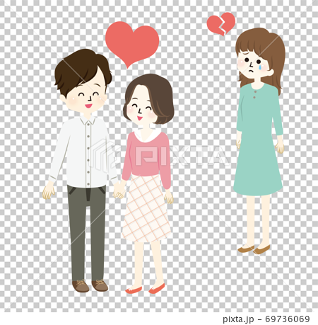 Illustration of a good man and woman and a crying woman 69736069