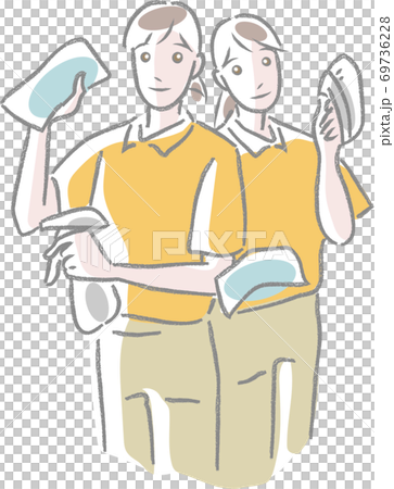 クロス、スプレー、ブラシを持つ2人の清掃スタッフ 69736228