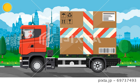 Red delivery van with big cardboard box in city. 69737493