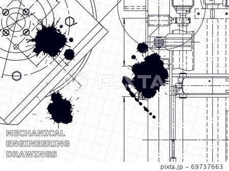 Machine-building industry. Mechanical engineering drawing. Instrument-making drawings. Black Ink. Blots. Technical illustration Machine-building industry. Mechanical engineering drawing. Instrument-making drawings. Black Ink. Blots. Technical illustration 69737663