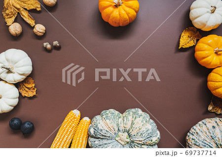 Happy Thanksgiving Day with pumpkin and nut on the table Happy Thanksgiving Day with pumpkin and nut on the table 69737714