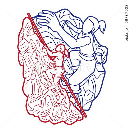 Group of people Hiker climbing mountain hiking cartoon graphic vector	 69737908