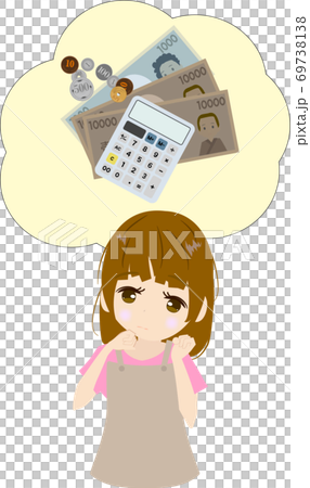 節約方法を考える可愛い主婦のイラストのイラスト素材