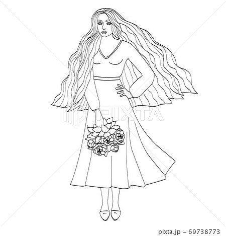 A beautiful girl with long hair is holding a bouquet of flowers. Silhouette of a young woman, black outline on white.  69738773