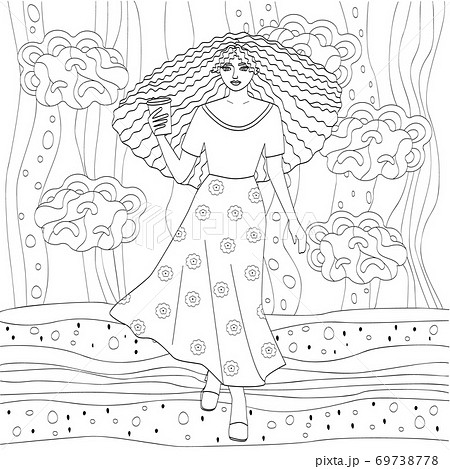 An unusual coloring book with a long-haired girl and abstract lines. Silhouette of a young woman holding coffee.  69738778