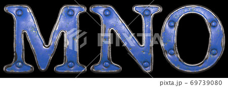 Set of uppercase letters M, N, O made of painted metal with blue rivets on black background. 3d 69739080