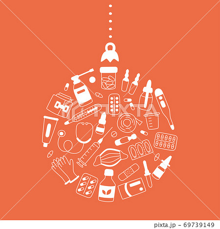 Meds, drugs, pills, bottles and health care medical elements in christmas tree ball shape 69739149