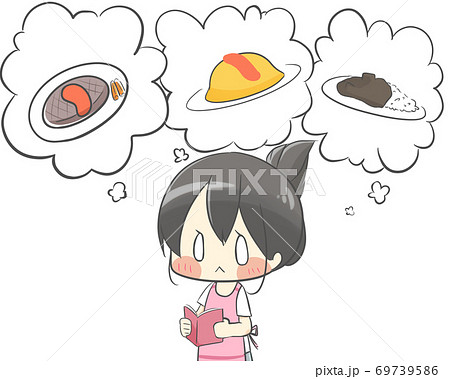 食事を本のレシピで考える女性のイラスト素材