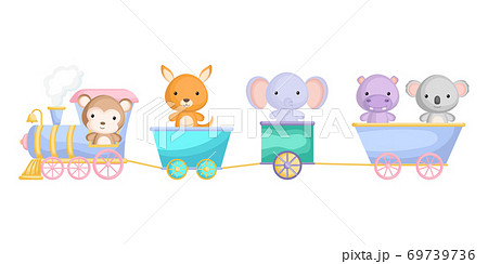 Cute monkey, hippo, elephant, kangaroo and koala ride on train. Graphic element for childrens book, album, postcard or mobile game. Zoo theme. Cute monkey, hippo, elephant, kangaroo and koala ride on train. Graphic element for childrens book, album, postcard or mobile game. Zoo theme. 69739736
