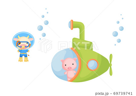 Cute cartoon pig looks out of submarine window and cute cow in diving suit swim underwater. Design of t-shirt, album, card, invitation. Cute cartoon pig looks out of submarine window and cute cow in diving suit swim underwater. Design of t-shirt, album, card, invitation. 69739741