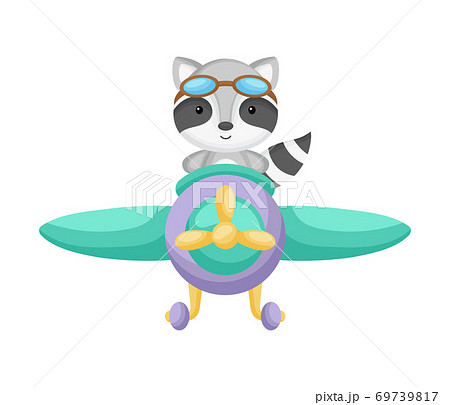 Cute raccoon pilot wearing aviator goggles flying an airplane. Graphic element for childrens book, album, scrapbook, postcard, mobile game. Cute raccoon pilot wearing aviator goggles flying an airplane. Graphic element for childrens book, album, scrapbook, postcard, mobile game. 69739817