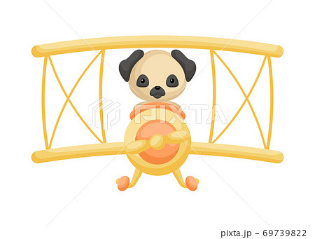 Cute dog pilot wearing aviator goggles flying an airplane. Graphic element for childrens book, album, scrapbook, postcard, mobile game. 69739822
