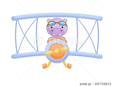 Cute hippo pilot wearing aviator goggles flying an airplane. Graphic element for childrens book, album, scrapbook, postcard, mobile game. Cute hippo pilot wearing aviator goggles flying an airplane. Graphic element for childrens book, album, scrapbook, postcard, mobile game. 69739823
