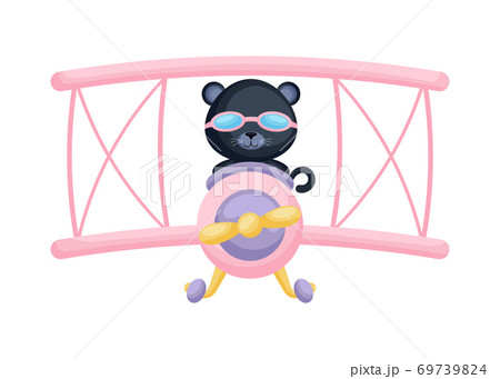 Cute panther pilot wearing aviator goggles flying an airplane. Graphic element for childrens book, album, scrapbook, postcard, mobile game. Cute panther pilot wearing aviator goggles flying an airplane. Graphic element for childrens book, album, scrapbook, postcard, mobile game. 69739824