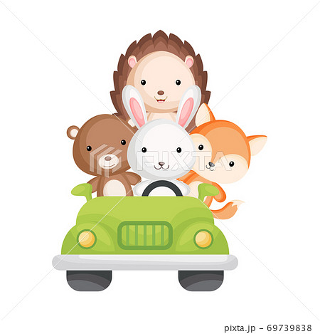 Cute rabbit, bear, fox and hedgehog travel in green car. Graphic element for childrens book, album, scrapbook, postcard, mobile game. Zoo theme. Cute rabbit, bear, fox and hedgehog travel in green car. Graphic element for childrens book, album, scrapbook, postcard, mobile game. Zoo theme. 69739838
