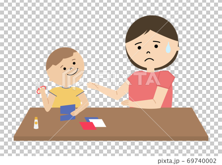 はさみを使う男の子と心配する女性のイラストのイラスト素材
