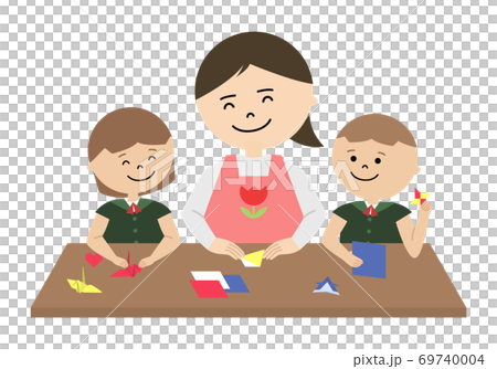 Illustration of a nursery teacher and a kindergarten child doing origami Illustration of a nursery teacher and a kindergarten child doing origami 69740004