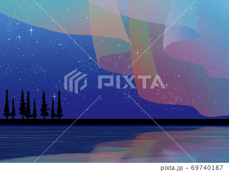 満点の星空とオーロラの風景のイラスト素材