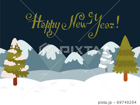 Merry christmas and happy new year postcard with winter landscape 69740204