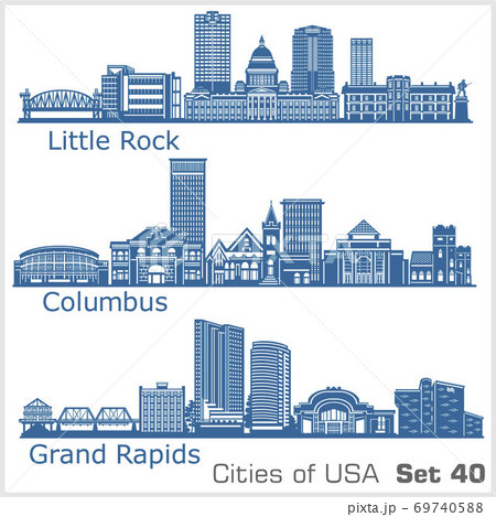 Cities of USA - Grand Rapids, Columbus, Little Rock. Detailed architecture. Trendy vector illustration. 69740588