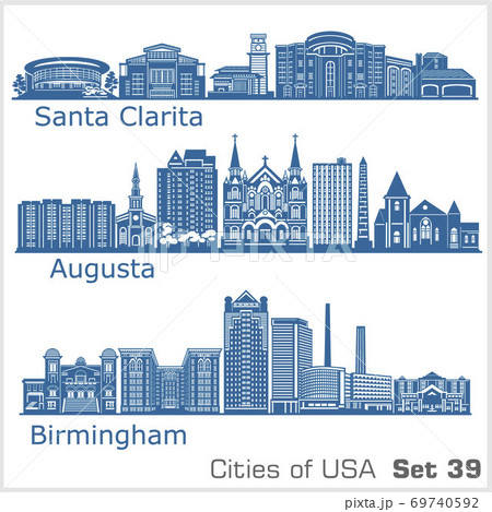 Cities of USA - Birmingham, Santa Clarita, Augusta. Detailed architecture. Trendy vector illustration. Cities of USA - Birmingham, Santa Clarita, Augusta. Detailed architecture. Trendy vector illustration. 69740592