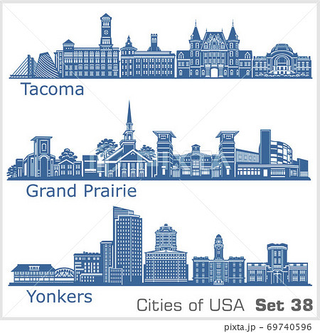 Cities of USA - Yonkers, Grand Prairie, Tacoma. Detailed architecture. Trendy vector illustration. 69740596