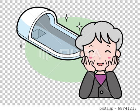 きれいな和式トイレに喜ぶおばあさんのイラスト素材