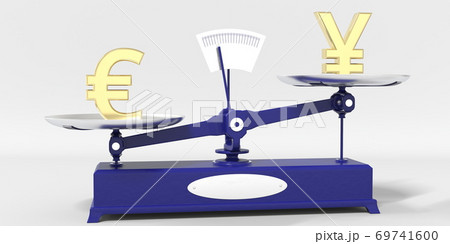 Euro symbol outweighs Yen sign on balance scales. Financial market trend conceptual 3d rendering Euro symbol outweighs Yen sign on balance scales. Financial market trend conceptual 3d rendering 69741600