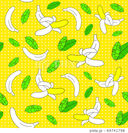 Seamless Pop Art of yellow bananas randomly distributed on a yellow background.  Cartoon retro pattern for textile, magazine covers. Vector illustration.  69741798