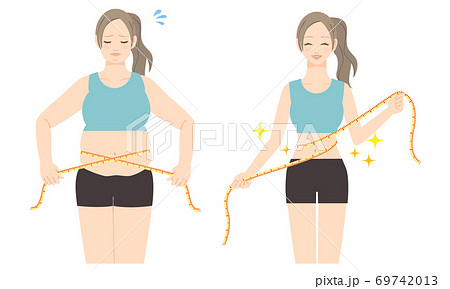 メジャーでウエストを測る若い女性のイラスト　before　after 69742013