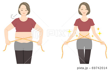 メジャーでウエストを測る中年の女性のイラスト　before　after 69742014