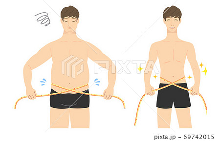 メジャーでウエストを測る若い男性のイラスト　before　after 69742015
