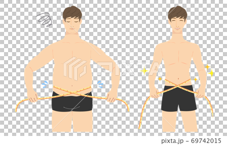 メジャーでウエストを測る若い男性のイラスト　before　after 69742015