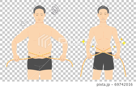 Illustration of a middle-aged man measuring the waist with a major before after 69742016