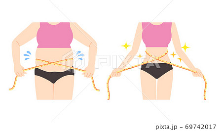 メジャーでウエストを図る女性の腹部のイラスト　before　after 69742017