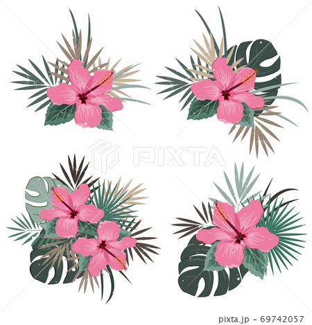 Set of vector bouquet compositions with pink hibiscus flower and palm leaves bunches, flat vector illustration. Tropical exotic Hawaii plants isolated on white, pastel palette 69742057