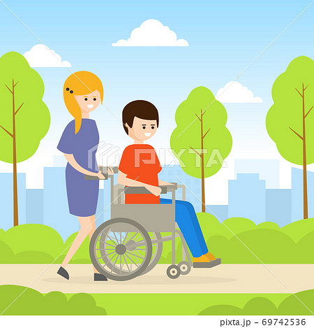 Young Woman Strolling with Disabled Man in Wheelchair, Handicapped Person and Volunteer or Friend Helping Him Cartoon Vector Illustration Young Woman Strolling with Disabled Man in Wheelchair, Handicapped Person and Volunteer or Friend Helping Him Cartoon Vector Illustration 69742536