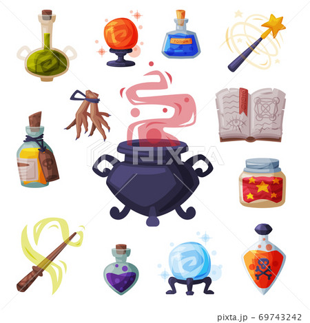 Collection of Occult Magic Objects for Mystic Rituals, Witchcraft Equipment, Cauldron, Book, Bottle of Magical Potion, Wand, Cartoon Style Vector Illustration 69743242