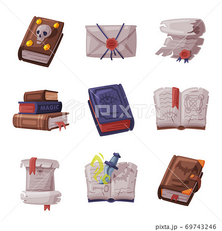 Magic Books Set, Occult Objects for Mystic Rituals Cartoon Style Vector Illustration Magic Books Set, Occult Objects for Mystic Rituals Cartoon Style Vector Illustration 69743246