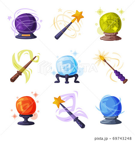 Magic Wands and Balls with Shiny Sparkles Set, Occult Magic Objects for Mystic Rituals Cartoon Style Vector Illustration Magic Wands and Balls with Shiny Sparkles Set, Occult Magic Objects for Mystic Rituals Cartoon Style Vector Illustration 69743248