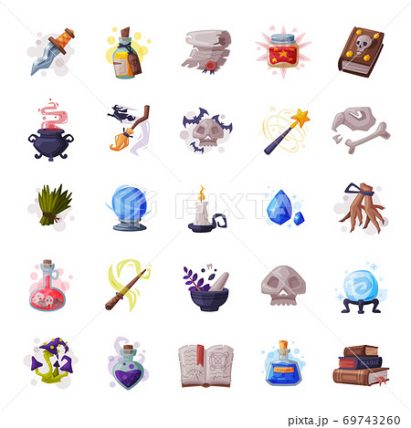 Collection of Occult Magic Objects for Mystic Rituals, Dagger, Book, Bottle of Magical Potion, Wand, Chicken Paws, Bull Skull Bone Cartoon Style Vector Illustration Collection of Occult Magic Objects for Mystic Rituals, Dagger, Book, Bottle of Magical Potion, Wand, Chicken Paws, Bull Skull Bone Cartoon Style Vector Illustration 69743260