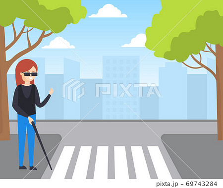Blind Girl with Walking Cane Crossing the Pedestrian Crossing Road Cartoon Vector Illustration 69743284