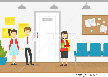Cute Pupils Standing at Closed Classroom Door, School Interior, Back to School Concept Cartoon Vector Illustration 69743303