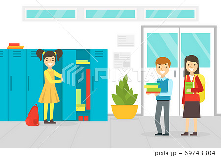 School Students Standing at Lockers in School, Hall Interior, Back to School Concept Cartoon Vector Illustration 69743304