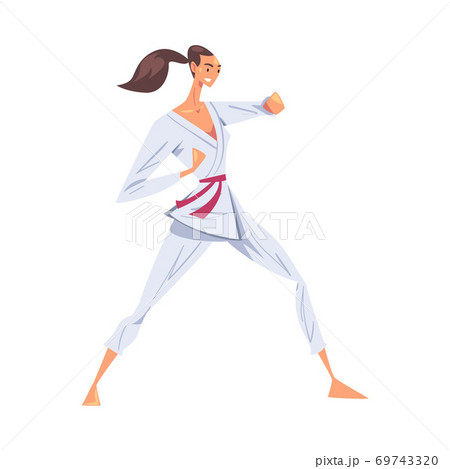 Girl Standing in Fighting Stance, Female Karate Fighter Character in White Kimono Practicing Traditional Japan Martial Art Cartoon Style Vector Illustration Girl Standing in Fighting Stance, Female Karate Fighter Character in White Kimono Practicing Traditional Japan Martial Art Cartoon Style Vector Illustration 69743320