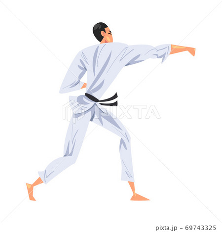 Man Karateka Doing Karate, Male Fighter Character in White Kimono Practicing Traditional Japan Martial Art Cartoon Style Vector Illustration 69743325