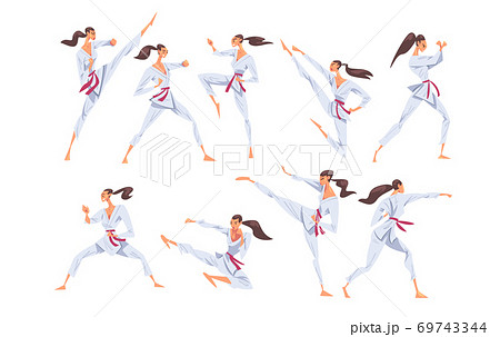Girl Doing Karate In Various Poses Set Female のイラスト素材