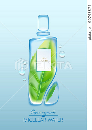 Original advertising poster design with water drops and liquid packaging silhouette for catalog, magazine. Cosmetic package.Moisturizing toner, micellar water with green tea extract Original advertising poster design with water drops and liquid packaging silhouette for catalog, magazine. Cosmetic package.Moisturizing toner, micellar water with green tea extract 69743375