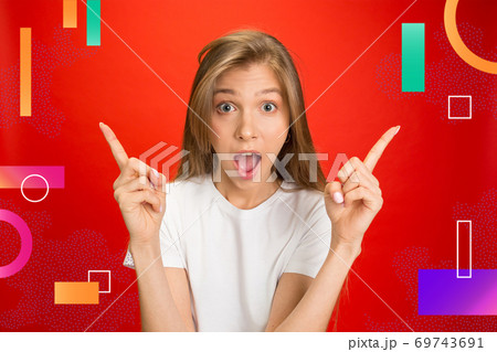 Caucasian woman's portrait isolated on bright, modern illustrated background. Caucasian woman's portrait isolated on bright, modern illustrated background. 69743691