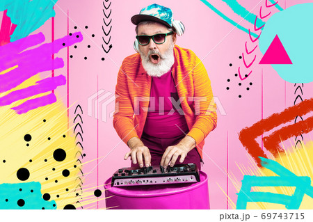 Senior hipster man using devices, gadgets. Tech and joyful elderly lifestyle concept. Bright illustrated background Senior hipster man using devices, gadgets. Tech and joyful elderly lifestyle concept. Bright illustrated background 69743715